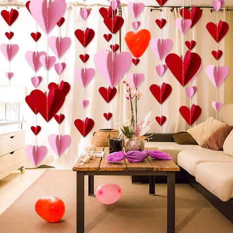 3D Paper Heart Hanging Banner Valentine's Day Garland Wedding Party Decoration Red Pink Folding Paper Heart Ornaments