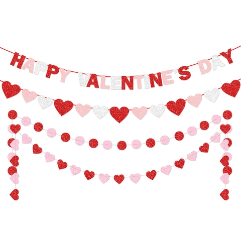 Valentine's Day Glitter Banner Set Happy Valentine's Day Pull Flag Heart Round Garland Party Wedding Indoor Wall Decoration