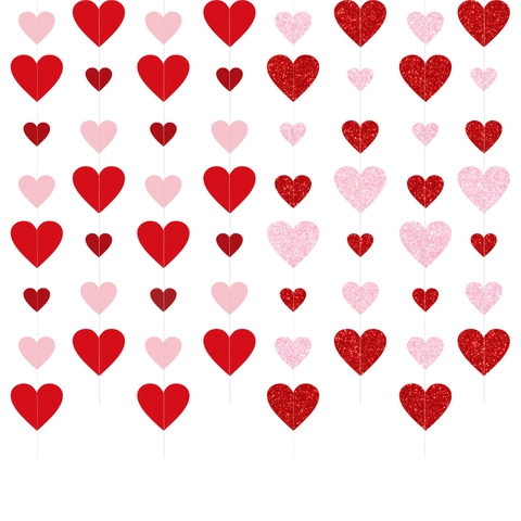 Heart Garland Hanging Decorations Red Pink Glitter Matte Paper String For Valentines Day Wedding Party Room Decor