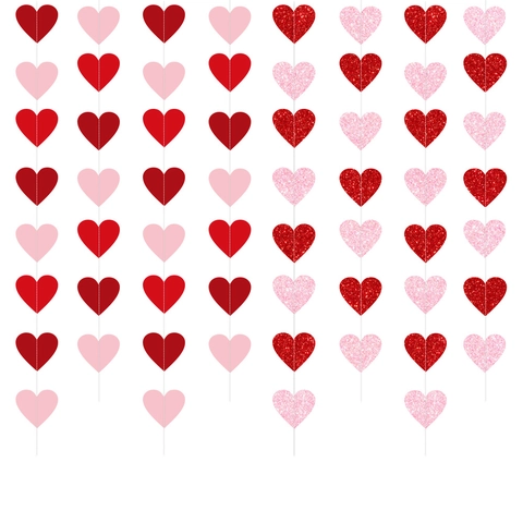 Heart Garland Hanging Decorations Red Pink Glitter Matte Paper String For Valentines Day Wedding Party Room Decor