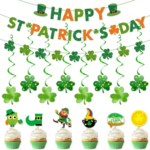 St. Patrick's Day Feestdecoratie Klaver Leprechaun Banner Glitter Cake Toppers Hangende Spiralen Ierse Festival Versiering