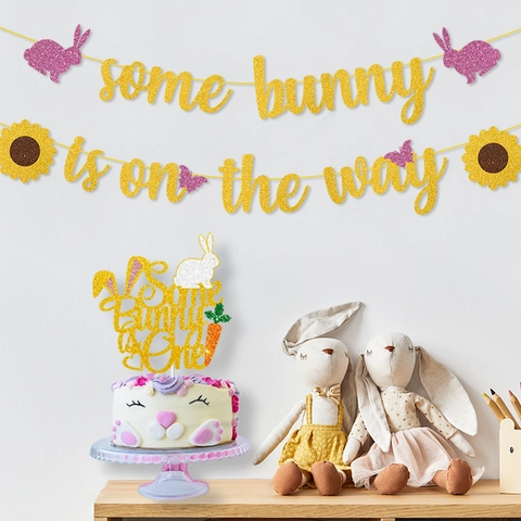 Easter Bunny Banner And Cake Topper Glitter Paper Gold Shimmer Sunflower Carrot Decor Party Baby Shower Birthday Cute
