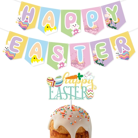 Happy Easter Banner En Cake Topper Papier Konijn Ei Patroon Party Decoratie Kleurrijke Macaron Stijl Feestelijke Artikelen