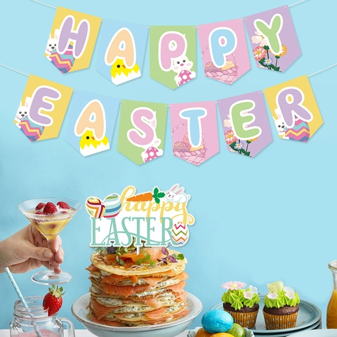 Happy Easter Banner En Cake Topper Papier Konijn Ei Patroon Party Decoratie Kleurrijke Macaron Stijl Feestelijke Artikelen