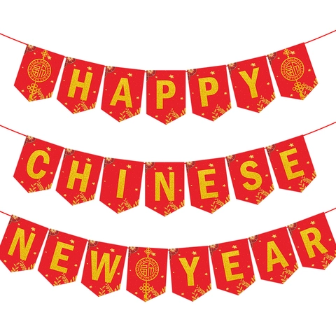 Frohes Chinesisches Neujahr Banner Papier Schwalbenschwanz Girlande Gold Glitzer Rot Hängende Dekoration