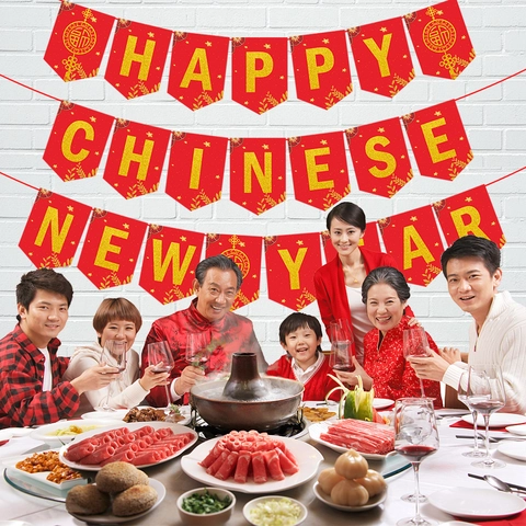 Frohes Chinesisches Neujahr Banner Papier Schwalbenschwanz Girlande Gold Glitzer Rot Hängende Dekoration