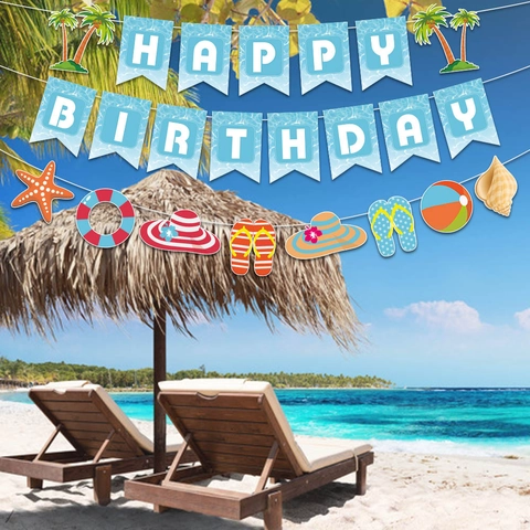Happy Birthday Banner Hawaii Strand Party Dekorationen Tropische Palme Seestern Thema Papier Girlande Für Geburtstag