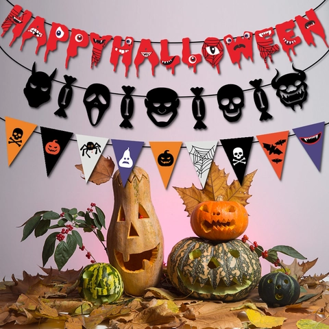 Halloween Hanging Bunting Banners Paper Bloody Happy Halloween Letters Silhouettes Skull Pumpkin Party Decor