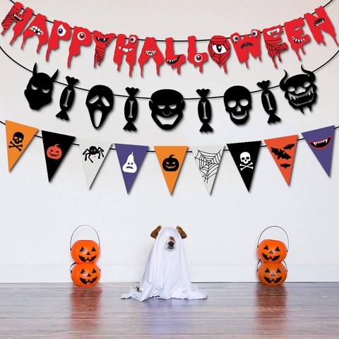 Halloween Hanging Bunting Banners Paper Bloody Happy Halloween Letters Silhouettes Skull Pumpkin Party Decor