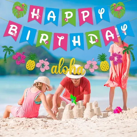 Tropical Birthday Party Banner Glitter Aloha Happy Birthday Luau Paper Bunting With Flamingo Pineapple Palm Tree Decor