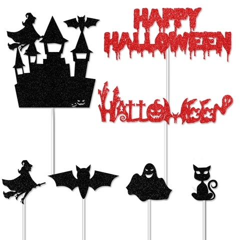 Decorazione Per Torte Halloween Happy Halloween Lettera Carta Glitterata Pipistrello Fantasma Castello Silhouette Festa