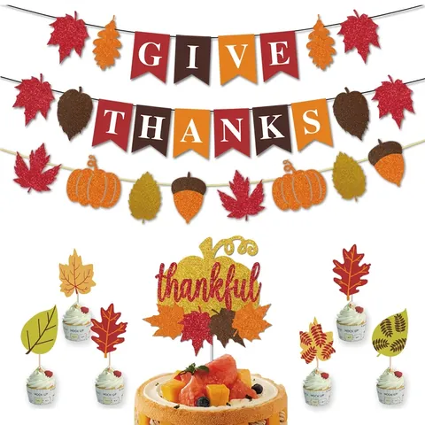 Erntedankfest Dekoration Give Thanks Banner Kürbis Ahornblatt Kuchenaufsätze Glitzerndes Papier Herbst Erntethema Schmuck