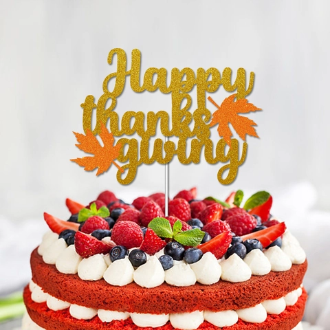 Décoration De Gâteau Happy Thanksgiving Papier Pailleté Or Motif Feuille D'Érable Décor De Table De Dessert Festif