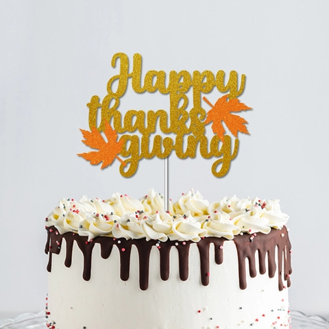 Décoration De Gâteau Happy Thanksgiving Papier Pailleté Or Motif Feuille D'Érable Décor De Table De Dessert Festif