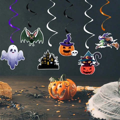Decorazioni Halloween Spirali Pendenti Cartone PVC Zucca Pipistrello Fantasma Strega Gatto Nero Castello