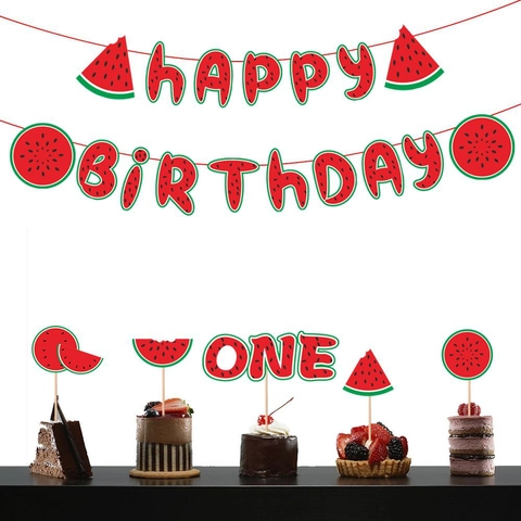 Wassermelone Thema Geburtstag Party Dekorationen Happy Birthday Banner Tortenaufsätze Sommer Frucht Partybedarf Rot Grün Karton