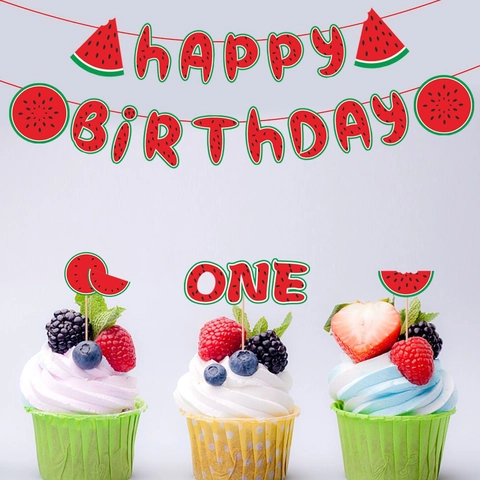 Wassermelone Thema Geburtstag Party Dekorationen Happy Birthday Banner Tortenaufsätze Sommer Frucht Partybedarf Rot Grün Karton