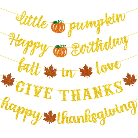 Autumn Thanksgiving Party Banner Glitter Paper Pumpkin Maple Leaf Garland Birthday Celebration Hanging Decor