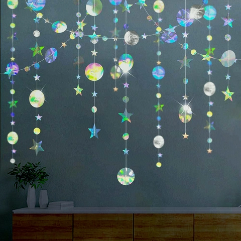Holografische Ster Cirkel Slinger Iriserende Hangende Streamer Glimmend Papier Bunting Voor Verjaardag Bruiloft Feest Decoratie