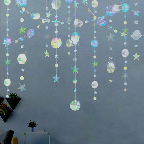 Holografische Ster Cirkel Slinger Iriserende Hangende Streamer Glimmend Papier Bunting Voor Verjaardag Bruiloft Feest Decoratie