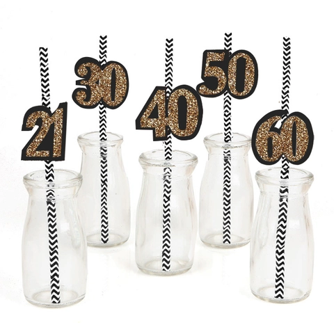Decorative Paper Straws Glitter Age Numbers Birthday Anniversary Party Dessert Cup Toppers Chevron Pattern Ornament