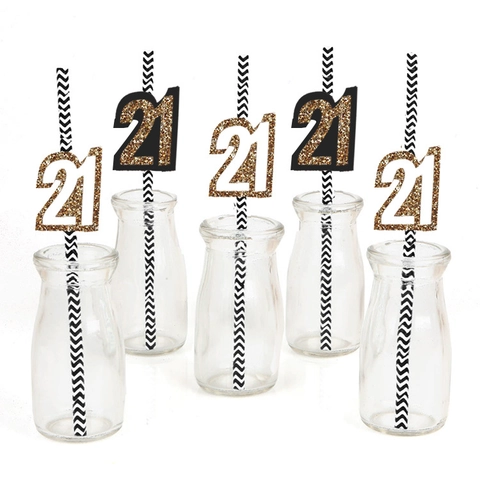 Decorative Paper Straws Glitter Age Numbers Birthday Anniversary Party Dessert Cup Toppers Chevron Pattern Ornament