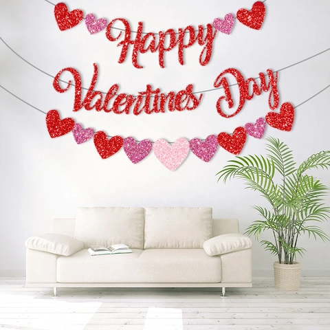 Banner Buon San Valentino Ghirlanda Cuore Carta Luccicante Decorazione Romantica Appesa Casa Festa Interno Esterno