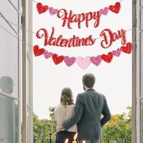 Banner Buon San Valentino Ghirlanda Cuore Carta Luccicante Decorazione Romantica Appesa Casa Festa Interno Esterno