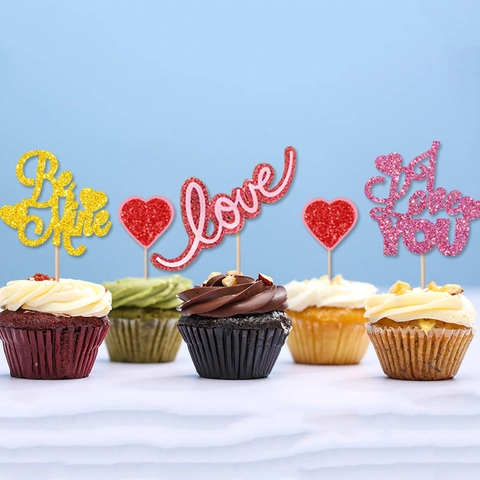 Glitter Heart Cupcake Toppers Valentine Day Cake Decorative Picks For Wedding Party Be Mine Love Word Sign