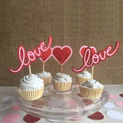 Glitter Heart Cupcake Toppers Valentine Day Cake Decorative Picks For Wedding Party Be Mine Love Word Sign