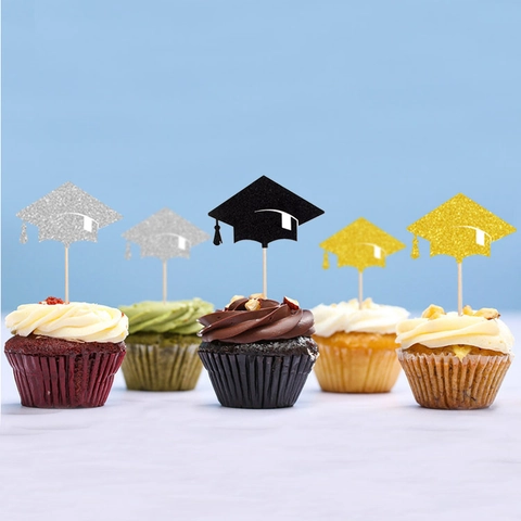 Abschluss Hut Cupcake Topper Glitzer Papier Bambus Spieße Feier Party Dekoration
