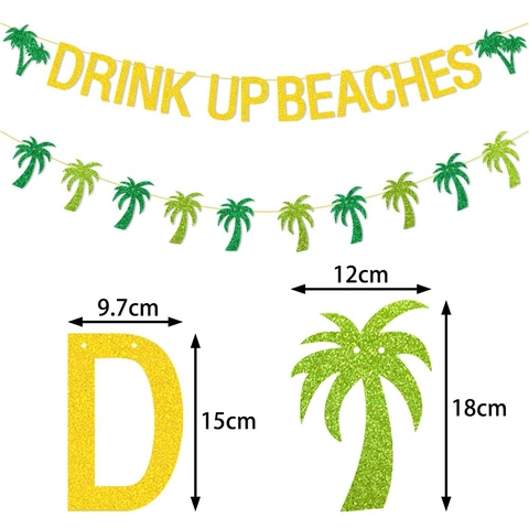 Hawaiian Tropical Beach Party Decoration Drink Up Beaches Gold Glitter Banner Green Coconut Tree Festive Party Pull Flag