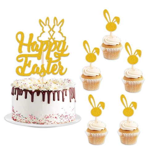Golden Glitter Happy Easter Bunny Cake Topper Rabbit Dessert Insert For Festive Party Baking Cake Decoration Supplies
