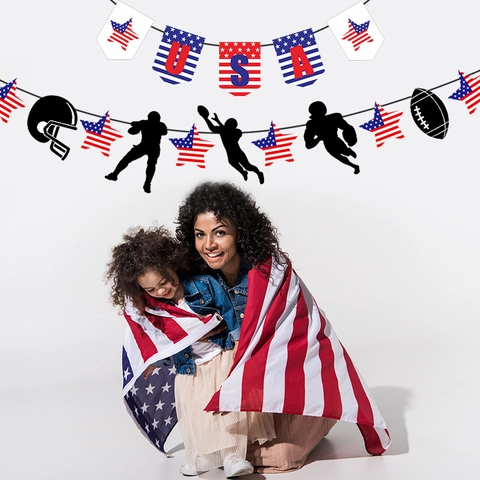 Banner Festa Giorno Indipendenza USA Tema Football Americano Ghirlanda Cartone Decorazione Rosso Bianco Blu Evento Sportivo