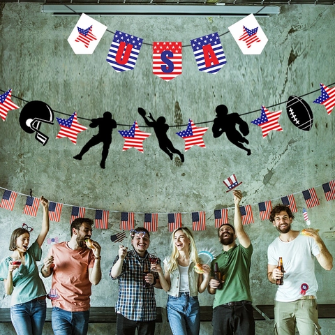 Banner Festa Giorno Indipendenza USA Tema Football Americano Ghirlanda Cartone Decorazione Rosso Bianco Blu Evento Sportivo