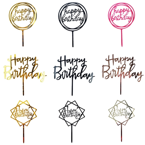 Ακρυλική Διακόσμηση Τούρτας Happy Birthday Καθρέφτης Χρυσό Ασημί Μαύρο Ροζ Πάρτι Διακόσμηση Καρδιά Στρογγυλό Τετράγωνο