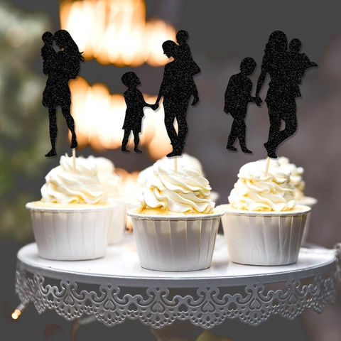Glitter Paper Cake Toppers Father Mother Day Silhouette Design Dessert Decor For Birthday Party Family Theme Decoration