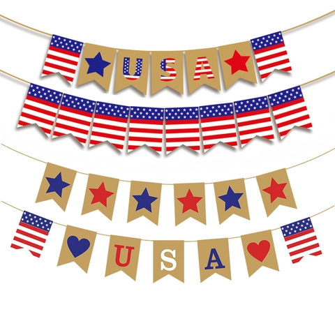 Ghirlanda di Bandierine USA Giorno dell'Indipendenza Decorazioni per Feste Patriottiche Carta Per Luglio Rosso Bianco Blu