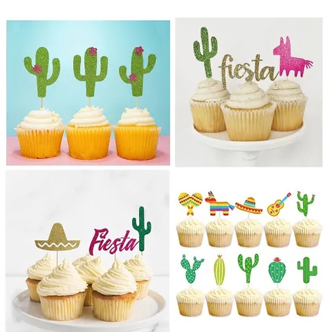 Décorations De Cupcakes Fiesta Mexicaine Paillettes Cactus Sombrero Alpaga Pics À Gâteau Fête Tropicale Plage
