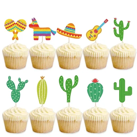 Décorations De Cupcakes Fiesta Mexicaine Paillettes Cactus Sombrero Alpaga Pics À Gâteau Fête Tropicale Plage
