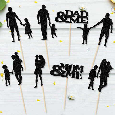 Glitter Paper Cake Toppers Father Mother Day Silhouette Design Dessert Decor For Birthday Party Family Theme Decoration