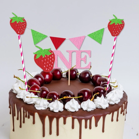Strawberry One Cake Topper And Mini Banner Glitter Paper Wood First Birthday Party Decoration Baby Theme Cartoon