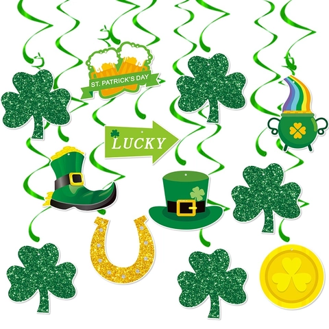 St Patricks Day Hängende Spiralen Lucky Kleeblatt Goldtopf Papier Kunststoff Festliche Party Decken Deko
