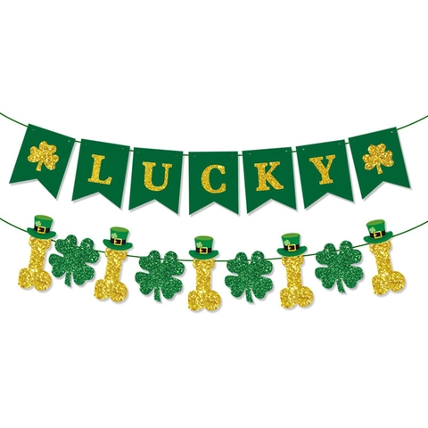 St Patricks Day Banner Shamrock Garland Lucky Clover Swallowtail Flag Green Gold Glitter Paper Irish Party Decoration
