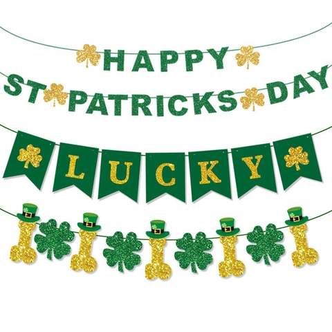 St Patricks Day Banner Shamrock Garland Lucky Clover Swallowtail Flag Green Gold Glitter Paper Irish Party Decoration