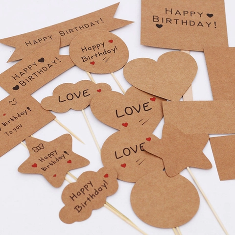 Happy Birthday Cake Toppers Kraft Paper Wood Sticks Heart Cloud Square Round Shape Dessert Table Party Decoration