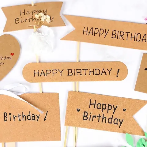 Happy Birthday Cake Toppers Kraft Paper Wood Sticks Heart Cloud Square Round Shape Dessert Table Party Decoration