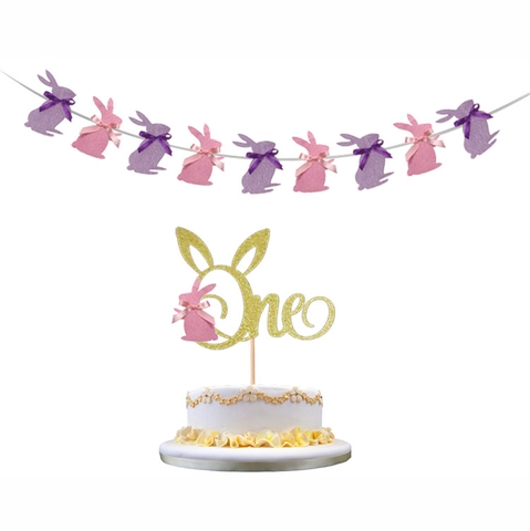 Decorazioni Per Feste Coniglietto Pasquale Cake Topper Glitter Oro One E Banner Di Pavese Di Carta Primo Compleanno