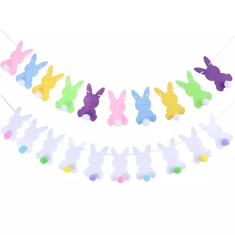 Easter Bunny Garland Bunting Felt Burlap With Colorful Pom Pom Tails Party Decoration Home Ornament Kids Room Decor