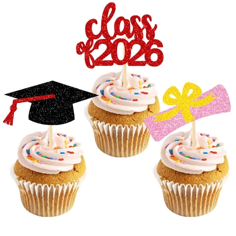 Glitter Graduation Cupcake Toppers Class Of 2026 Diploma Cap Pattern For Party Cake Decoration Supplies Gold Red Silver